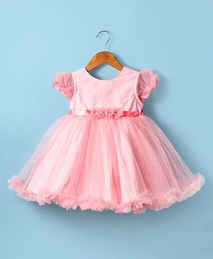 Babyhug Woven Half Puffed Sleeves Fit & Flare Textured Party Dress with Floral Corsage - Pink