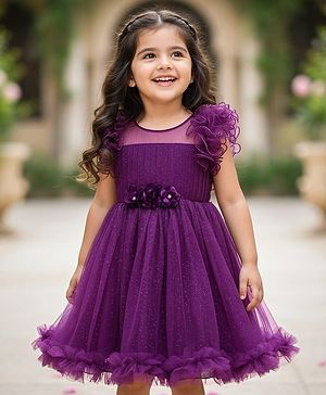 Babyhug Woven Sleeveless Fit & Flare Mesh Party Dress with Ruffles & Floral Applique - Purple