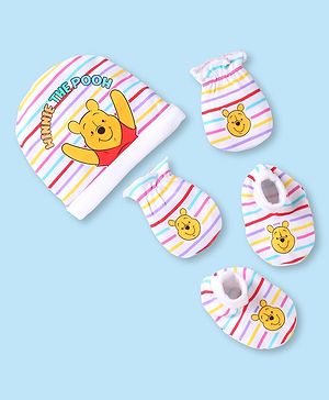 Babyhug Disney Interlock Knit Cap Mittens & Booties With Winnie The Pooh Print White - Diameter 10