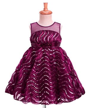 Babyhug Woven Sleeveless Dress With Sequin Detailing and Floral Applique - Wine