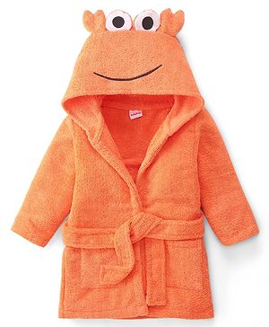Babyhug Velour Knit Full Sleeves Bath Robe With Lobster Embroidery - Orange