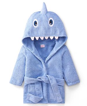 Babyhug Velour Knit Full Sleeves Bath Robe With Shark Embroidery - Blue