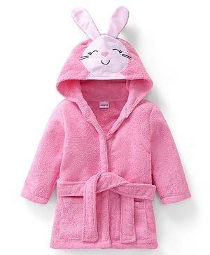Babyhug Microfiber Terry Knit Full Sleeves Hooded Bath Robe With Bunny Ears Applique Embroidery - Pink