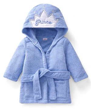 Babyhug Velour Knit Full Sleeves Microfiber Hooded Bath Robe With Prince Embroidery - Blue