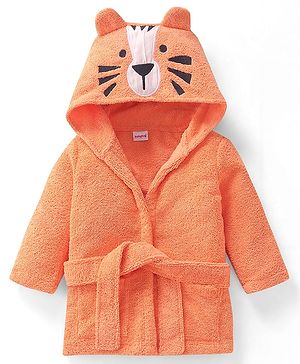 Babyhug Microfiber Terry Knit Full Sleeves Hooded Bath Robe With Tiger Ears Applique Embroidery -Orange