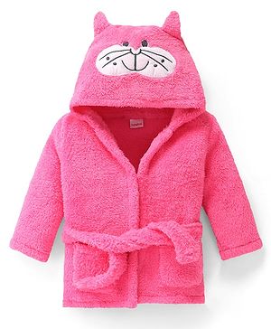 Babyhug Terry Knit Full Sleeves Hooded Bath Robe With Cat Embroidery - Dark Pink