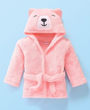 Babyhug Velour Knit Full Sleeves Hooded Bath Robe With Bear Embroidery - Pink