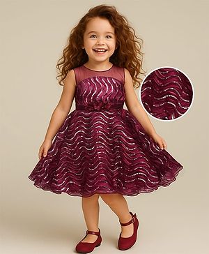 Babyhug Woven Sleeveless Party Dress With Sequin Detailing & Floral Corsage - Wine