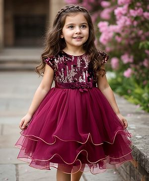Babyhug Woven Cap Sleeveless Fit & Flare Party Frock with Sequin Detailing - Wine