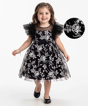 Babyhug Woven Frill Sleeves Party Dress With Floral Glitter Print - Black