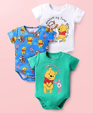 Babyhug Disney Interlock Knit Half Sleeves Onesies with Winnie the Pooh Graphics Pack of 3 - White Green & Blue