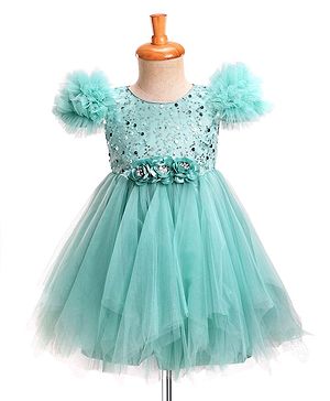 Babyhug Woven Sleeveless Mesh Party Dress With Sequinned Yoke & Ruffles on Sleeves - Sea Green