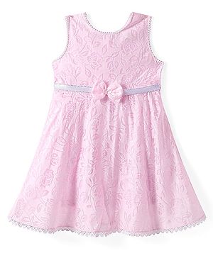 Babyhug Woven Sleeveless Frock with Floral Print & Lace Detailing & Bow Applique - Pink