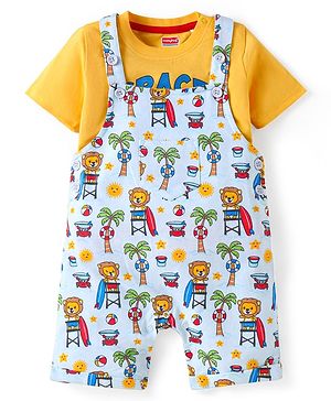 Babyhug Single Jersey Knit Dungaree & Half Sleeves T-Shirt With Lion On Beach Print - Light Blue & Orange
