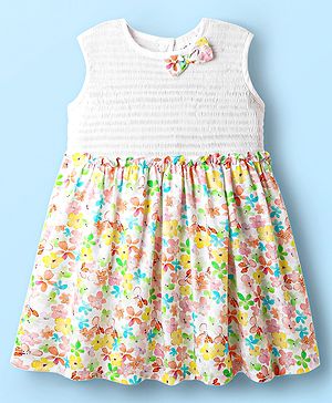 Babyhug Rayon Woven Sleeveless Smocked Frock with Floral Print & Bow Applique - White