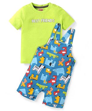 Babyhug Single Jersey Knit Half Sleeves T-Shirt & Dungaree with Text & Animal Print - Neon Green & Blue