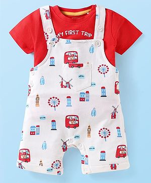 Babyhug Single Jersey Knit Half Sleeves T-Shirt & Dungaree with London Theme Print - Red & White