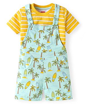 Babyhug Single Jersey Knit Half Sleeves Striped T-Shirt & Dungaree with Beach Theme Print - Yellow & Light Blue