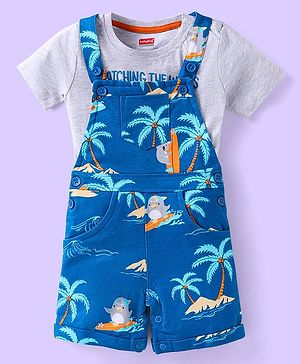 Babyhug Single Jersey Knit Half Sleeves T-Shirt & Dungaree with Beach Theme Print - Blue