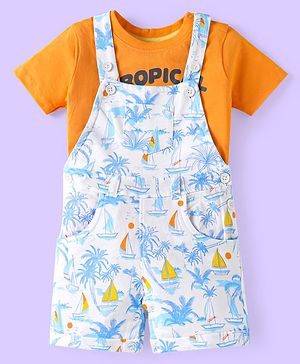 Babyhug Single Jersey Knit Half Sleeves T-Shirt & Dungaree with Beach Theme Print - White & Orange