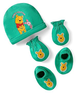 Babyhug Disney Interlock Knit Cap Mittens & Booties With Winnie The Pooh Print - Green