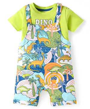 Babyhug Single Jersey Knit Dungaree & Half Sleeves T-Shirt With Dino Print - Green & Multicolor