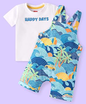 Babyhug Single Jersey Knit Dungaree & Half Sleeves T-Shirt With Beach Theme Print - Blue & White