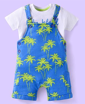 Babyhug Single Jersey Knit Half Sleeves T-Shirt & Dungaree with Beach Theme Print - White & Blue