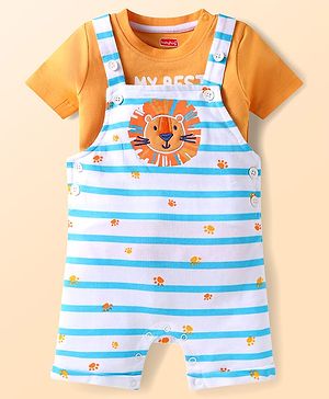 Babyhug Single Jersey Knit Half Sleeves T-Shirt & Dungaree with Text Print Stripes & Lion Patch - White & Orange