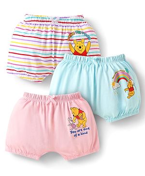 Babyhug Disney Interlock Knit Bloomers With Winnie The Pooh Print Pack Of 3 - Light Blue Pink & White