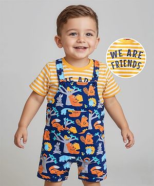 Babyhug Single Jersey Knit Half Sleeves Striped T-Shirt & Dungaree with Jungle Theme Print - Yellow & Navy Blue