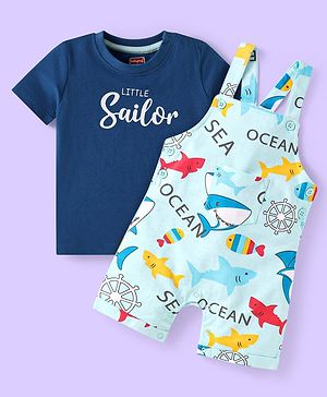 Babyhug Single Jersey Knit Dungaree & Half Sleeves T-Shirt With Shark Print - Light & Navy Blue