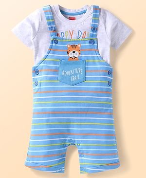 Babyhug Single Jersey Knit Half Sleeves T-Shirt & Dungaree with Text Print & Stripes - White & Light Blue