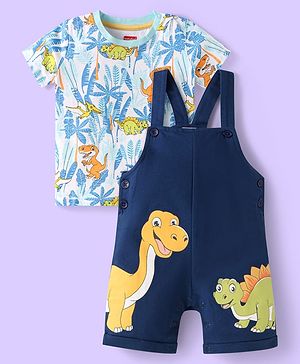 Babyhug Single Jersey Knit Half Sleeves T-Shirt & Dungaree with Dino Print - White & Navy Blue