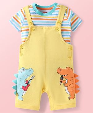 Babyhug Single Jersey Knit Half Sleeves Striped T-Shirt & Dungaree with Dino Print & Applique - Yellow