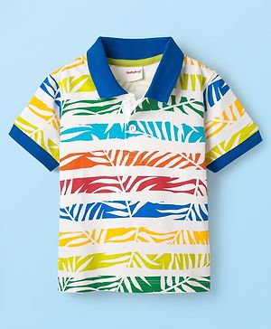 Babyhug Cotton Knit Half Sleeves Striped Polo T-Shirt with Leaves Print - Blue & White