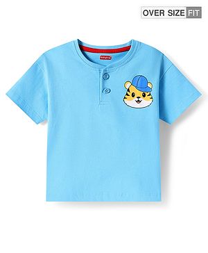 Babyhug Cotton Knit Half Sleeves Oversized Henley Neck T-Shirt with Tiger Print - Light Blue
