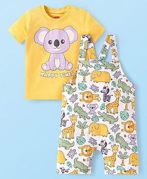 Babyhug Single Jersey Knit Dungaree & Half Sleeves T-Shirt With Animal Print - White & Yellow