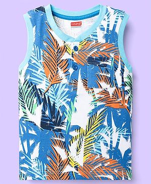 Babyhug Cotton Knit Sleeveless Tank T-Shirt With Tropical Print - Blue & White