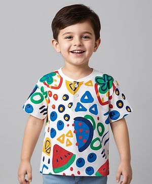 Babyhug Cotton Knit Half Sleeves Henley T-Shirt with Fruit Print - White
