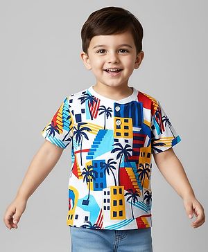 Babyhug Cotton Knit Half Sleeves T-Shirt with Coconut Tree Print - White
