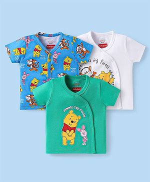 Babyhug Disney Interlock Knit Half Sleeves Front open Jhablas with Winnie The Pooh Print Pack of 3 - Blue White & Green