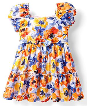 Babyhug Woven Puffed Sleeves Frocks with Floral Print - White & Blue
