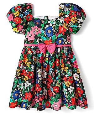 Babyhug Rayon Woven Half Raglan Puffed Sleeves Floral Printed Frock with Bow Applique - Black