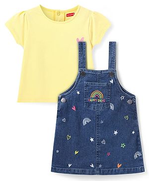 Babyhug Cotton Woven Frock & Half Sleeves Inner Tee With Heart & Star Embroidery - Navy Blue & Yellow