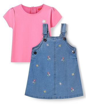 Babyhug Cotton Woven Frock & Half Sleeves Inner Tee With Floral Embroidery - Blue & Pink