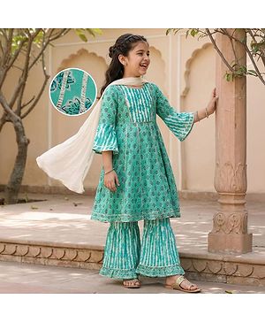 Pine Kids Viscose Woven Three Fourth Sleeves Floral Printed Kurta & Gharara Set with Dupatta - Mint Green