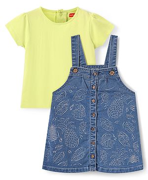 Babyhug Cotton Woven Frock & Half Sleeves Inner Tee With Tropical Theme Embroidery - Blue & Light Green