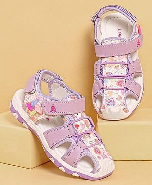 Pine Kids Heart Printed Sandals With Floral Applique & Velcro Closure - Purple