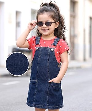 Babyhug Cotton Woven Frock & Half Sleeves Inner Tee With Heart Print - Navy Blue & Pink